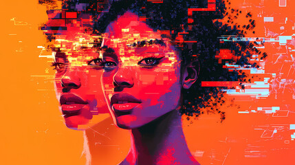 Exploring the unique aesthetics of pixelated glitch art in modern face recognition technology. Glitch Aesthetic Portrait. Illustration