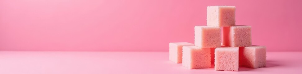 Towering sugar cubes stacked on pink background, sweet, sweets