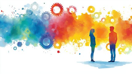 Obraz premium Business Technology Industrial Creativity Innovation brainstorming ideas concept Business technology, digital gears merging with abstract brushstrokes, innovation and industry, Watercolor style