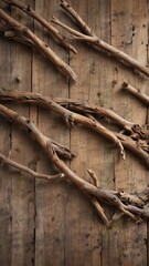 Twisted brown twig nestled against weathered wood beams , insect world, wooden beam
