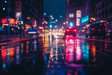 Cars navigate through a vibrant city street, their headlights reflecting on the rain-soaked pavement under the colorful glow of neon signs at night. Generative AI