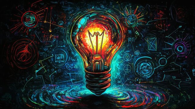 Business Technology Industrial Creativity Innovation brainstorming ideas concept Innovation brainstorming, glowing lightbulb surrounded by swirling tech symbols, visionary thinking, Watercolor style