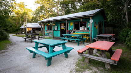 Fototapeta premium Rustic seafood shack with colorful picnic tables surrounded by lush vegetation. perfect spot for outdoor dining and relaxation