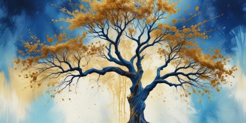 Vibrant blue and gold splashes on a tree in an abstract art piece with watercolor effect , nature, splashes