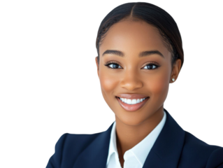 Portrait of a smiling young woman with a navy blue blazer and transparent background