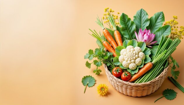 IIndian Farm Freshness &ndash; Rustic Flatlay of Cauliflower & Carrots with Lotus Leaves & Mustard Flowers on Pastel Orange Background for Blogs & Culinary Designs