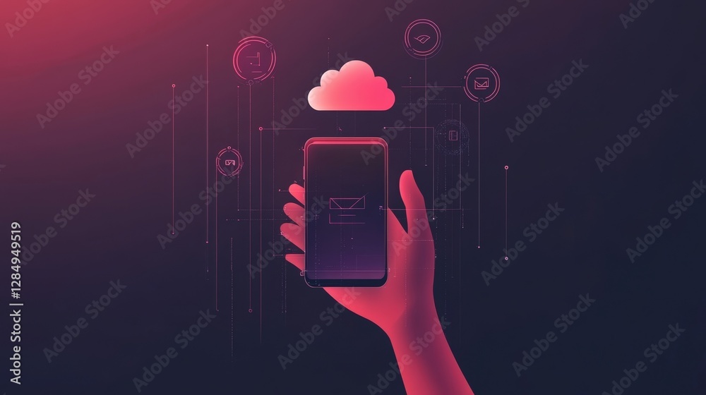 Poster hand holding smartphone displaying an email icon while connecting to cloud computing services, repre