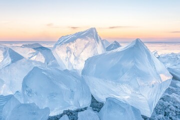 Obraz premium Large, crystalline ice blocks are scattered across the frozen surface of a lake, reflecting the pastel hues of dawn as the sun rises in the distance. Generative AI