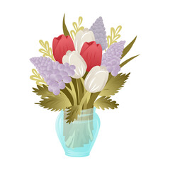 Bouquet of different spring and summer flowers in vase. Isolated vector illustration on white. Bouquet of red and white tulbpans, purple hyacinths with greenery. Women's Day, Mother's Day.