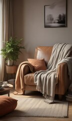 Warm and snug living room with oversized armchair and throw blankets, warm lighting, autumnal decor