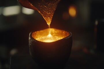 A skilled artisan pours molten gold into a carefully shaped mold within a workshop, showcasing the intricate process of metalworking in the warm afternoon glow. Generative AI