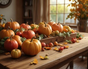 Warm autumnal atmosphere with pumpkins, apples and leaves arranged on a cozy wooden table in soft natural light , still life, natural, autumn