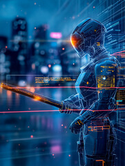 Futuristischer K&auml;mpfer mit Lichtschwert in digitaler Stadtlandschaft


