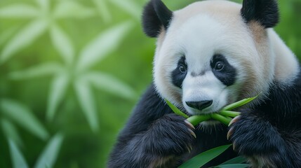 Naklejka premium A close-up of a giant panda munching on bamboo in a lush green environment. The panda's playful expression and soft fur highlight the beauty of this endangered species.
