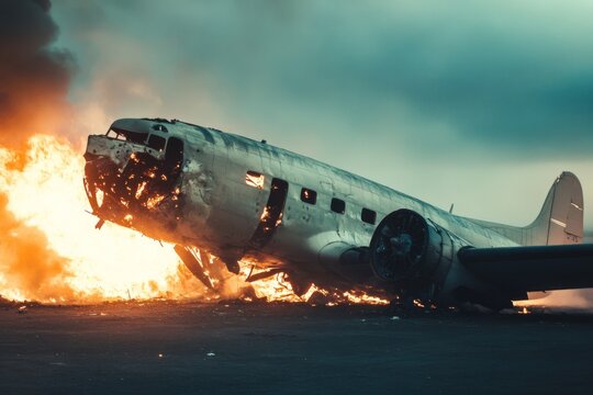 A wrecked vintage airplane is engulfed in flames, surrounded by smoke and debris, after crashing in a desolate landscape during stormy weather. Generative AI