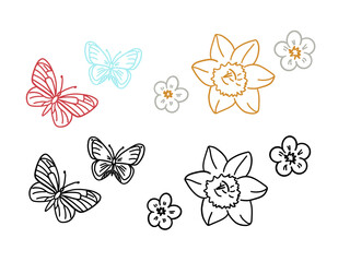 A set of outline icons related to gardening. Flowers, daffodil and marguerites. Winged insects, butterflies. Thin lines in doodle style on white background.