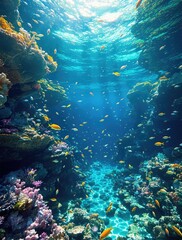 Naklejka premium Whimsical underwater scene featuring colorful fish swimming amidst vibrant coral reefs, fantasy, colorful, underwater