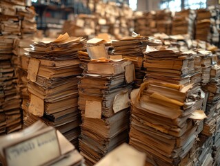 Fototapeta premium Stacks of aged, yellowed documents and papers in a large archive room.