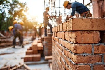Construction Workers Building Brick Wall Teamwork Industry Development