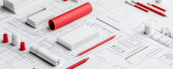 A minimalist arrangement of red and white stationery items on a blueprint background, highlighting creativity and design elements.