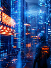 Obraz premium Mensch in VR-Umgebung erkundet digitale Zukunftsarchitektur