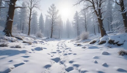 Obraz premium Winter wonderland scene with snow-covered ground and falling flakes, weather, scenic, snowflakes, snowfall, snowing