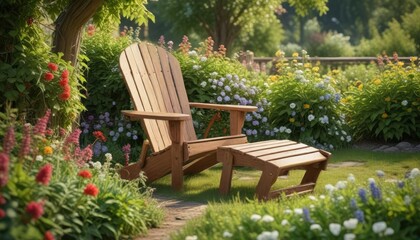 Obraz premium Wooden Adirondack chair nestled among vines and flowers in a serene vineyard garden, flowers, wooden furniture