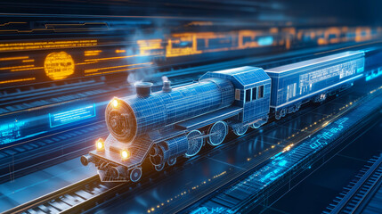 Obraz premium Digitale Dampflokomotive fährt auf futuristischer Schiene im Cyberraum