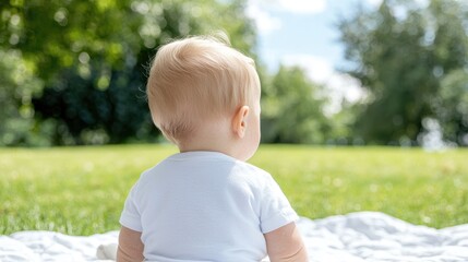 Baby sitting outdoors, park, green grass, sunny day, family picnic