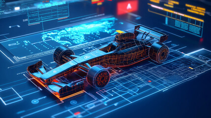 Futuristisches Auto fährt über digitale Karte mit modernem Interface

