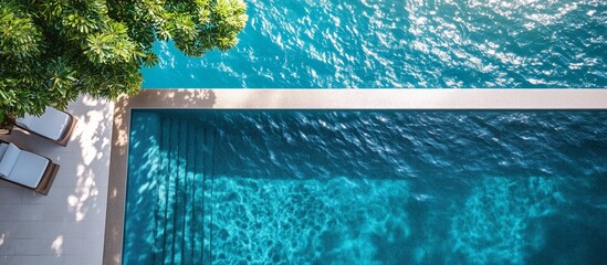 Tranquil swimming pool with turquoise water and sun loungers by the water.
