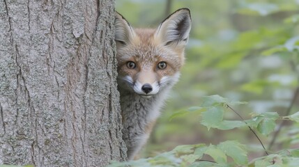 Fototapeta premium Red fox peeking tree forest wildlife nature