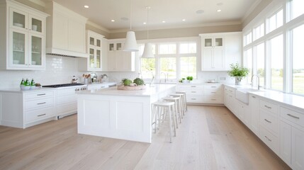 Spacious White Kitchen with Island, Natural Light, and View
