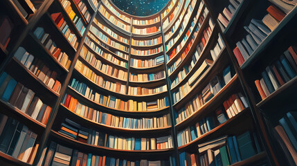Room filled with lots of books and book shelf filled with lots of books. generative ai. Interstellar Library Bookshelves. Illustration