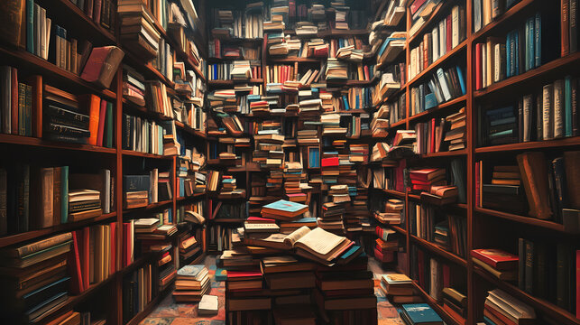 Room filled with lots of books and book shelf filled with lots of books. generative ai. Interstellar Library Bookshelves. Illustration