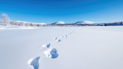 Winter Footprints on Snowy Landscape. Wide Shot. Possible use for Nature backdrop