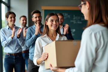 Obraz premium Celebrating Success: A Diverse Group of Professionals Cheer as a Young Woman Receives an Award in an Office Setting