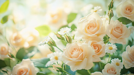 A beautiful arrangement of soft peach roses and white daisies in a bright, serene setting.