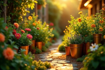 Colorful blooming flowers in clay pots along stone pathway, morning sunlight, gardening, outdoor decoration, springtime garden, cozy atmosphere, nature walk, vibrant plants, peaceful backyard scene,