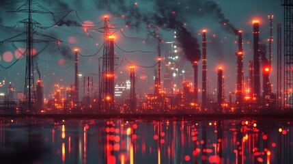 Industrial cityscape with smoking chimneys and vibrant reflections on water