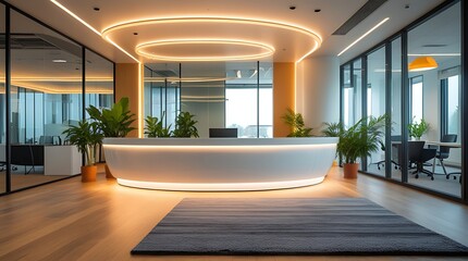Modern office reception area with sleek illuminated desk, elegant furniture, and lush indoor plants. Stylish corporate interior with warm lighting and contemporary design
