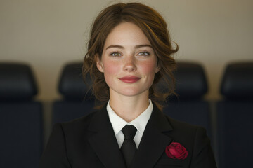 A woman in a black suit and white shirt with a red rose on her lapel