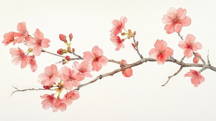 A delicate branch of pink cherry blossoms against a light background.
