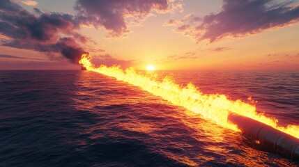 Obraz premium A fire is burning in the ocean, with the sun setting in the background