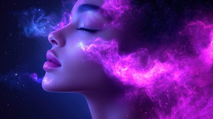 Woman, cosmic, nebula, serene, face, purple, beauty, profile, night, fantasy