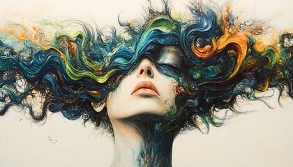 Naklejka premium Colorful hair, woman, art, serene, studio