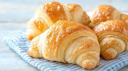 Freshly baked croissants on a blue napkin