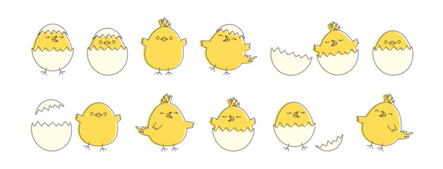 Cartoon Easter chicken, cute chick and egg shell, baby bird hatch, funny yellow character, spring small kid hen set isolated on white background. Drawing vector illustration
