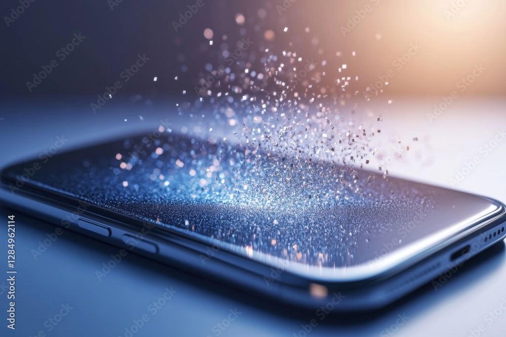 Poster tiny particles seem to float above the screen of a smartphone, creating a mesmerizing effect in a so