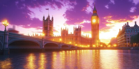 Obraz premium Stunning Sunset Over London's Iconic Big Ben and Houses of Parliament Reflecting on River Thames - Vibrant Purple and Orange Sky and Bridge Landmarks